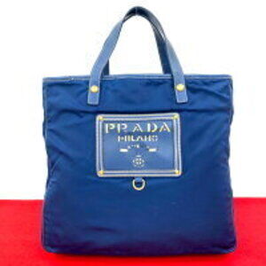 Prada Milano logo Tessuto nylon Saffiano leather handbag tote bag blue gold